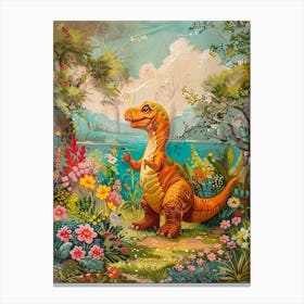 Dinosaur In A Floral Meadow Vintage Storybook Painting 1 Canvas Print