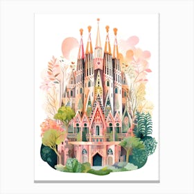La Sagrada Família   Barcelona, Spain   Cute Botanical Illustration Travel 4 Canvas Print