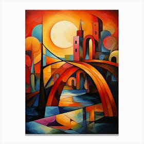 Bridges at Sunset I, Colorful Abstract Painting in Picasso Cubism Style Canvas Print