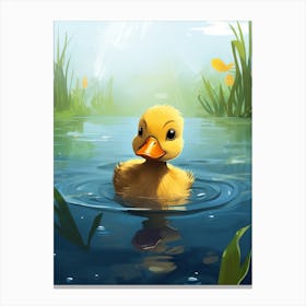 Cute Cartoon Duckling Swimming In The Pond 2 Canvas Print