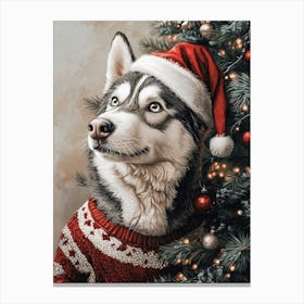 Husky Dog In Christmas Jumper And Santa Hat Canvas Print