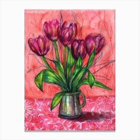 Pink On Red Tulips Canvas Print