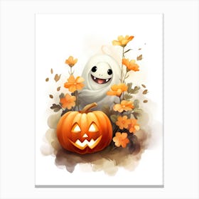 Cute Ghost With Pumpkins Halloween Watercolour 158 Canvas Print