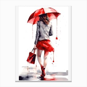 Girl in the rain with a red umbrella watercolor Canvas Print