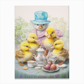 Duckling Tea Party Pencil Illustration 3 Canvas Print