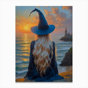 Blonde Haired Witch by the Water's Edge - West Coast Sunset HD Art Print by John Arwen -blonde, hair, witchy, witchcraft, pagan, summer, halloween, fine art, oil paint, gallery, feature wall, wicca, erotic, tasteful, nude, spells, zodiac, astrology, sea, witch, beautiful High Resolution Canvas Print