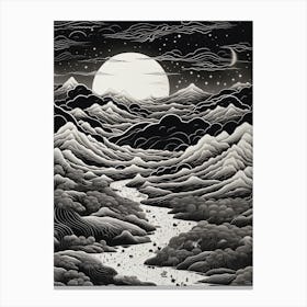 The Japanese Alps In Multiple Prefectures, Ukiyo E Black And White Line Art Drawing 4 Canvas Print