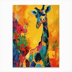 Colourful Giraffe With The Flowers Canvas Print
