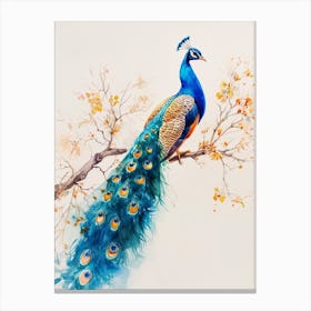 Watercolour Peacock On A Tree Branch Canvas Print