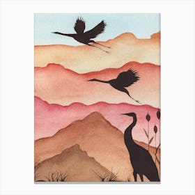 Mountains & Crane Birds Canvas Print