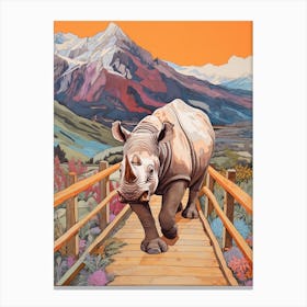 Rhino Crossing A Wooden Bridge With Mountain In The Background 1 Canvas Print