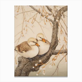 Ducklings Resting On A Tree Branch Japanese Woodblock Style 2 Canvas Print