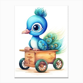 Baby Peacock On A Toy Car, Watercolour Nursery 3 Canvas Print