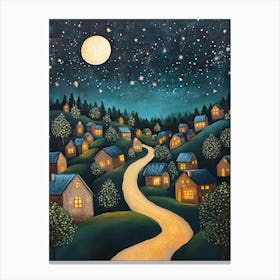 Village At Night With Stars and Moon In The Sky 4 Canvas Print