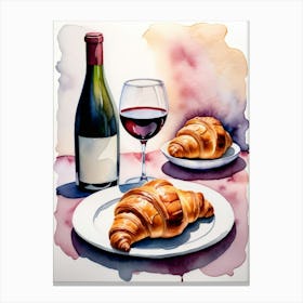 Croissant and Wine watercolor painting 12 Canvas Print