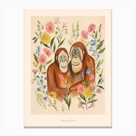 Folksy Floral Animal Drawing Orangutan 4 Poster Canvas Print