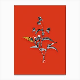 Vintage Blue Spiderwort Black and White Gold Leaf Floral Art on Tomato Red Canvas Print