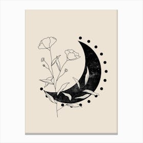Boho Moon And Line Flowers in Black and Beige Canvas Print