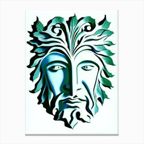 Green Man Symbol Blue And White Line Drawing Canvas Print