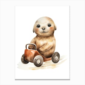 Baby Seal On A Toy Car, Watercolour Nursery 2 Canvas Print