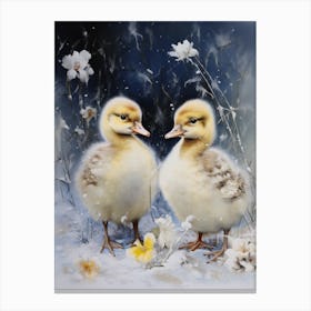 Snowy Winter Ducklings Floral Painting 4 Canvas Print