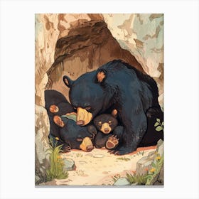 American Black Bear Family Sleeping In A Cave Storybook Illustration 1 Canvas Print