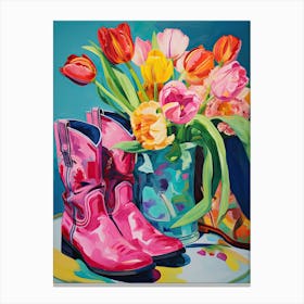 Oil Painting Of Tulips Flowers And Cowboy Boots, Oil Style 1 Canvas Print