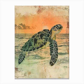 Vintage Sea Turtle At Sunset Painting 2 Canvas Print