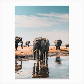 Herd Of Elephants At The Waterhole Canvas Print