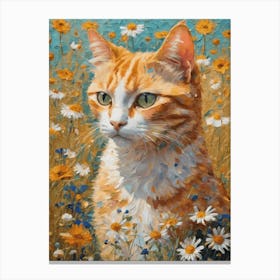 Klimt Style Ginger Tuxedo Orange Tabby Cat in Colorful Garden Flowers Meadow Gold Leaf Painting - Gustav Klimt and Monet Inspired Textured Acrylic Palette Knife Art Daisies Poppies Amongst Wildflowers Beautiful HD High Resolution Canvas Print