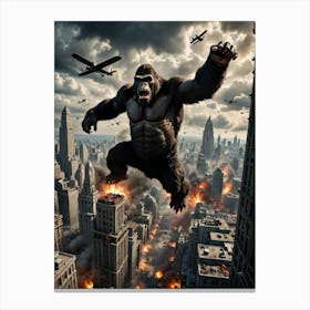 Skyscraper Battle: The Giant Gorilla’s Climb Amidst Explosive Skies Canvas Print