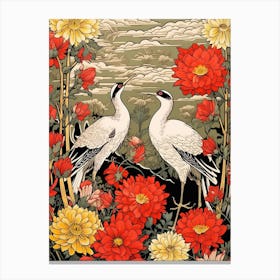 Cranes In Daisies 2 Vintage Japanese Botanical Canvas Print