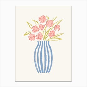 Stripes Flower Vase Floral Still Life Illustration - Blue Pink Colorful Canvas Print