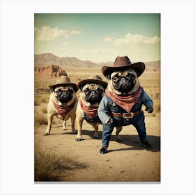 Three Pugs In Cowboy Hats 1 Canvas Print