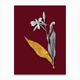 Vintage Bandana of the Everglades Black and White Gold Leaf Floral Art on Burgundy Red n.0482 Canvas Print