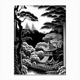 Kenrokuen, Japan Linocut Black And White Vintage Canvas Print