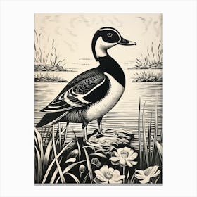 B&W Bird Linocut Wood Duck 3 Canvas Print