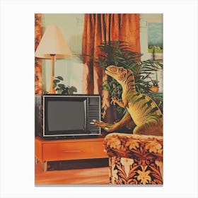 Retro Collage Dinosaur Watching Tv 4 Canvas Print