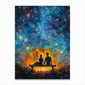 Young Couple In Love Holding Hands Sitting On Bench Near Bonfire Fire In Beautiful Night Starry Sky Canvas Print