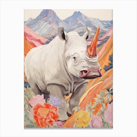 Patchwork Floral Rhino With Mountain In The Background 9 Canvas Print