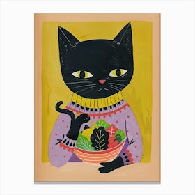 Black Cat Eating Salad Folk Illustration 1 Canvas Print