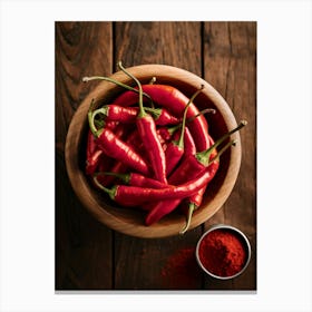 Red Chili Peppers In A Wooden Bowl Canvas Print