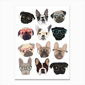 Pugs And French Bulldog In Glasses Canvas Print