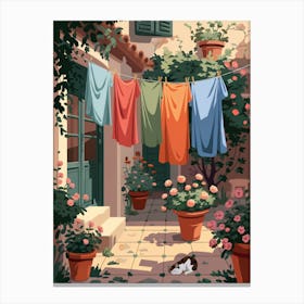 Laundry Hanging On A Clothesline under a cat Canvas Print