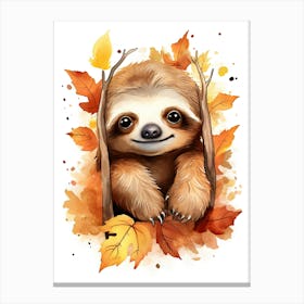 A Sloth Watercolour In Autumn Colours 3 Canvas Print