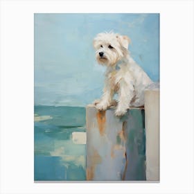 Maltese Dog, Painting In Light Teal And Brown 2 Canvas Print