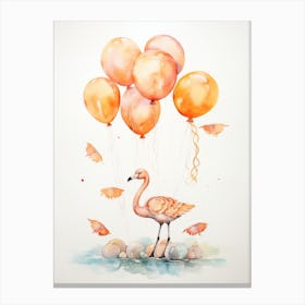 Flamingo Flying With Autumn Fall Pumpkins And Balloons Watercolour Nursery 1 Canvas Print