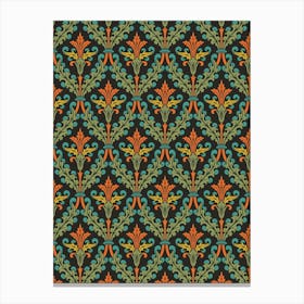 Enhanced Vintage Late Medieval Brocade Pattern Green And Orange On Dark Canvas Print