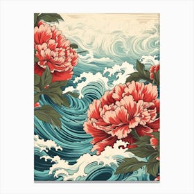 Great Wave With Peony Flower Drawing In The Style Of Ukiyo E 2 Canvas Print