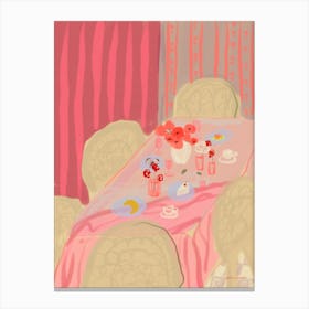 Rosé Table, Pink Table With Vase Of Flowers Canvas Print